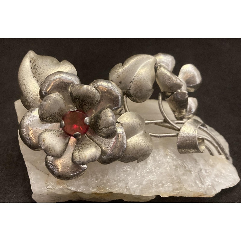 Vintage AT Signed Flower Brooch Pin Red Glass 925‎ Sterling Silver 20g Floral